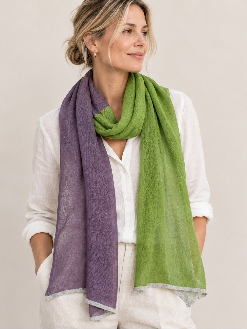 Katie Mawson 100% Linen Colorblock Scarf Purple Green Made in England Artsy